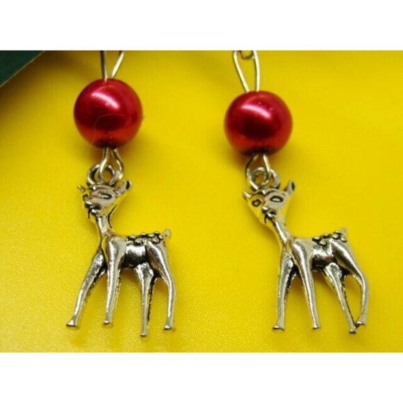 Deer Bambi Red Bead Silver Tone Vertical Drop Dangle Hook Earrings Womans - Picture 2 of 4